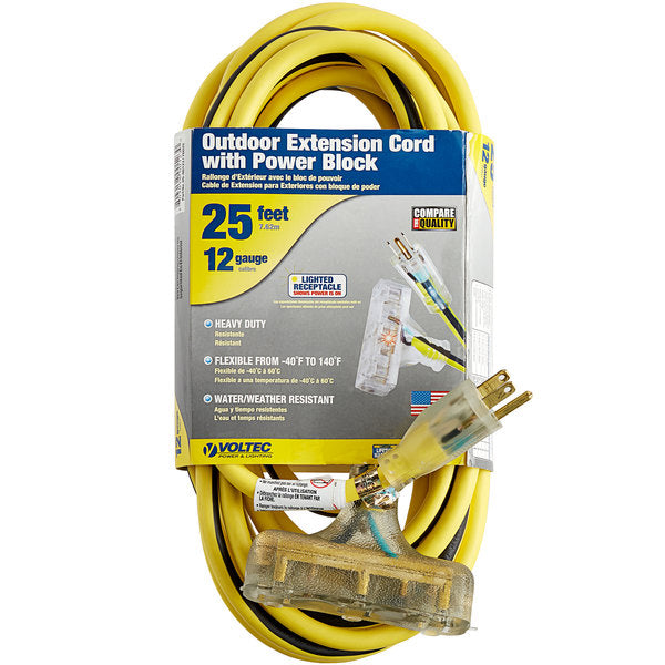 Voltec Yellow SJTW 25ft 12/3 SJTW Jobsite 3-Outlet Extension Cord 05-00123