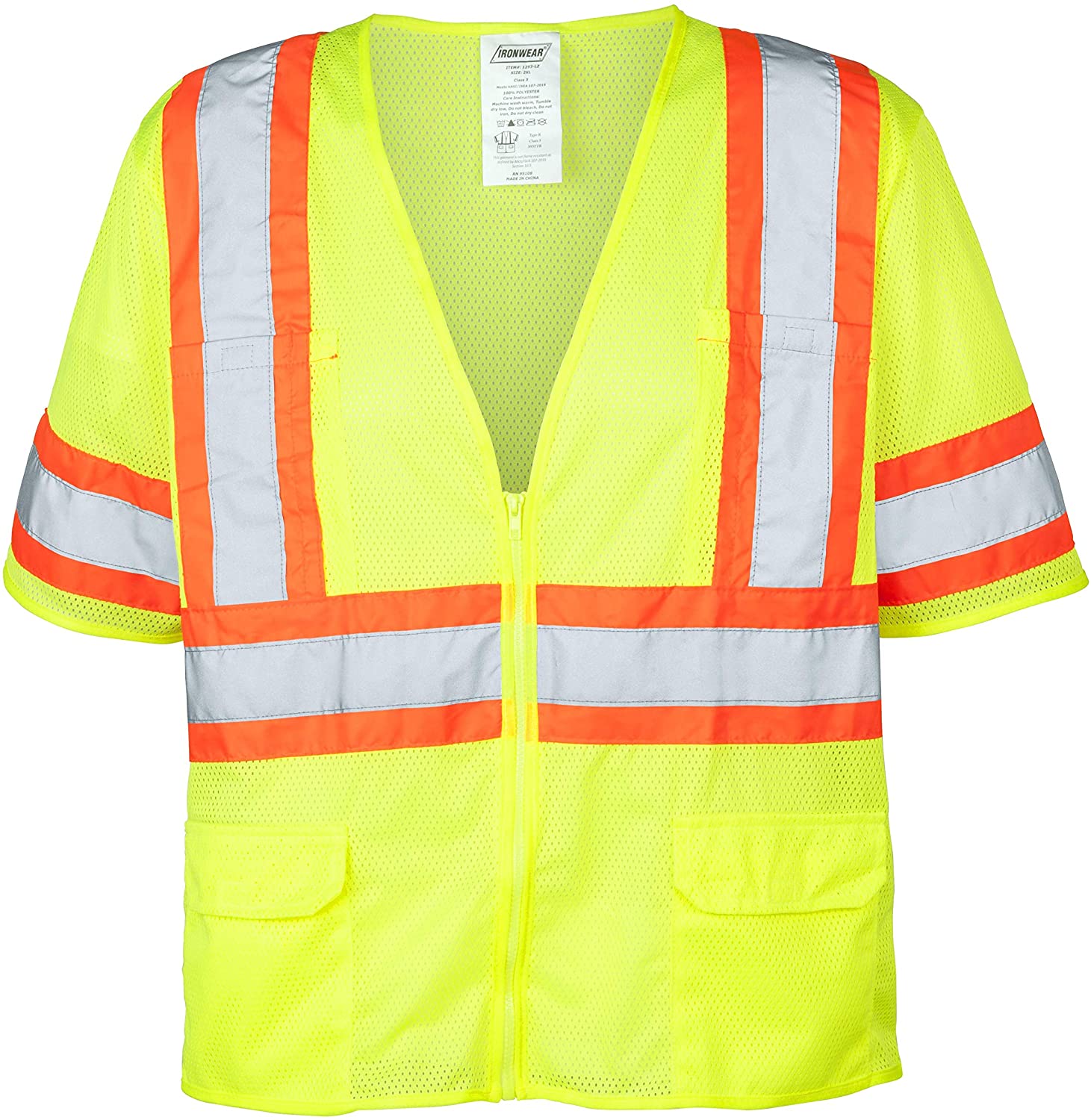 Ironwear® 1293-LZ Class 3 Hi-Vis Lime Reflective Safety Vest with 6 Pockets, XL