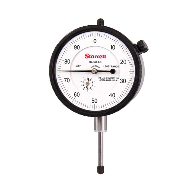 Starrett 655 Series Dial Indicator with Jewel Bearings and Lug-On-Center Back - White Face, 0-1.000" Range, 0-100 Dial Reading, 001" Graduations - 655-441J