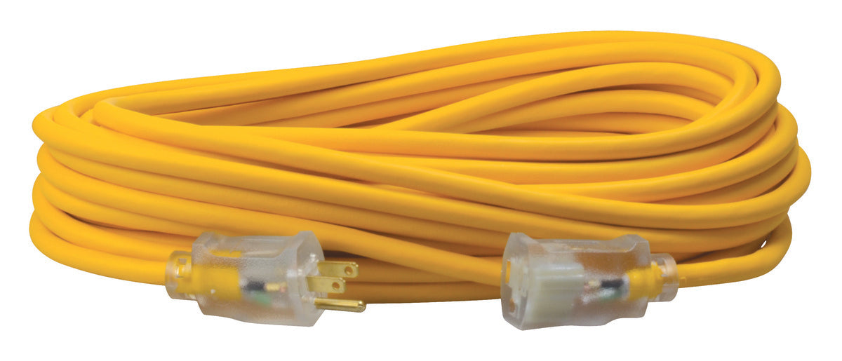 Southwire 1489SW0002 100ft 14/3 SJEOOW Cold Weather Extension Cord, 13A 125V, w/ Lighted End - Yellow