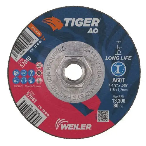 Weiler 4-1/2" X .045" TIGER AO TYPE 27 CUTTING WHEEL, A60T, 5/8"-11 NUT (57040), Pack of 10