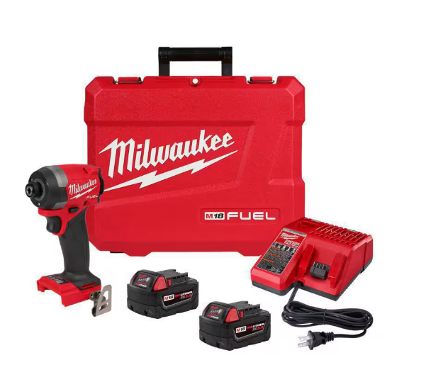 Milwaukee M18 FUEL 18V Lithium-Ion Brushless Cordless 1/4 in. Hex Impact Driver Kit with Two 5.0Ah Batteries Charger Hard Case (2953-22)