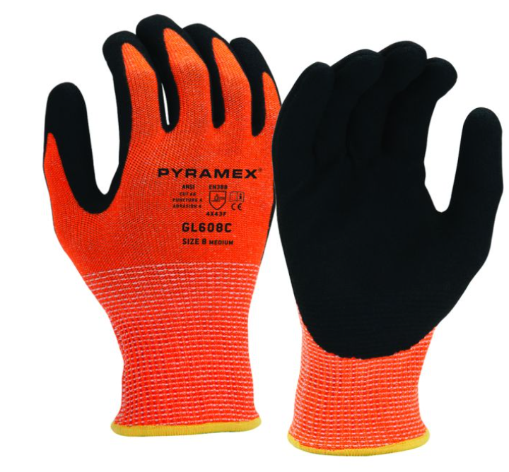 Pyramex GL608C Hi Vis Orange Glove with Sandy Nitrile + Cut Level A6