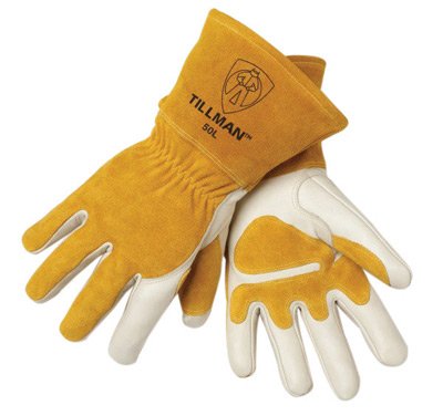 Tillman Medium 14" Pearl Top Grain Side Split Cowhide Fleece Lined Premium Grade MIG Welders Gloves With Gauntlet Cuff, Seamless Index Finger And Elastic Back (Carded) 50M