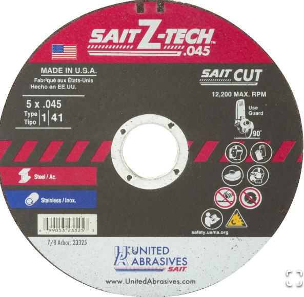 United Abrasives 23325 5 x .045 x 7/8 Z-Tech High Performance Thin High Speed Cut-off Wheels, Type 1