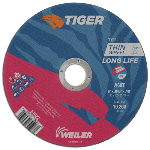 Weiler 57022 - 6" X .045" Tiger AO Type 1 Cut-off Wheel, A60T, 7/8" A.H.