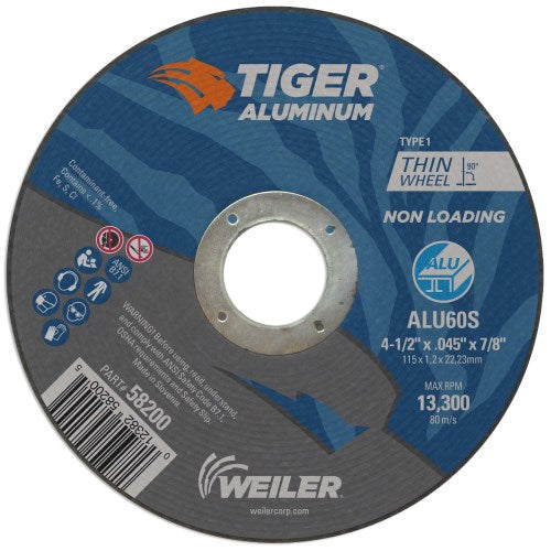 Weiler 58200 4-1/2" X .045" Weiler Tiger Aluminum Type 1 Cut-off Wheel ALU60S 7/8 A.H., (Pack of 25)