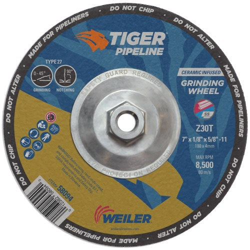 Weiler 58094 7 x 1/8 x 5/8-11 AH Z30T Tiger® Zirc Type 27 High Performance Pipeliner Grinding Wheels