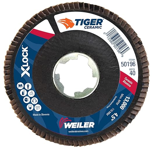 Weiler 50196 4-1/2" Tiger Ceramic Abrasive Flap Disc, Angled, Phenolic Backing, 40C, X-Lock Arbor Hole (Pack of 10)