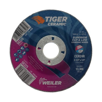 Weiler 58325 4.5-in Tiger Depressed Center Grinding Wheel, 24 Grit, Ceramic Alumina