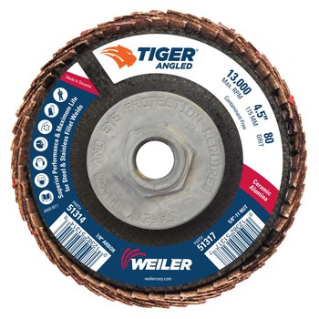 Weiler Tiger Angled Flap Disc 51317 - Ceramic - 4-1/2 in - 80 - Medium 012382-51317