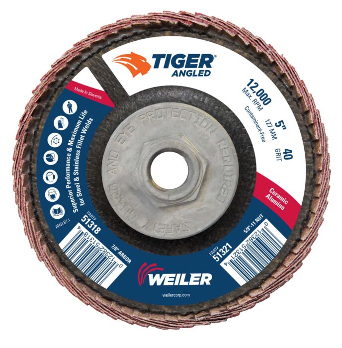 Weiler 51321 5" Tiger Angled Flap Disc, Cloth Backing, Ceramic Alumina 40C Grit, 5" Diameter (Pack of 10)