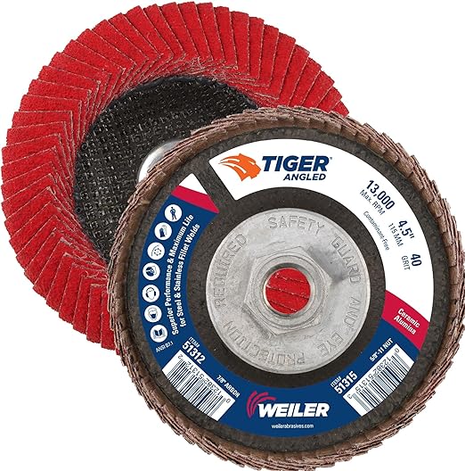 Weiler 51315 4-1/2" Tiger Angled Flap Disc, Cloth Backing, Ceramic Alumina 40C Grit, 4-1/2" Diameter (Pack of 10)