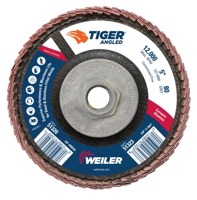 Weiler 51323 5" Tiger Angled (Radial) Ceramic Flap Disc 80C 5/8-11 Nut