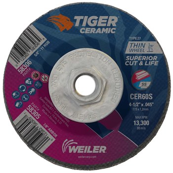 Weiler Tiger Ceramic Cutoff Wheel 58306 - Type 27 (Depressed Center) - 4 1/2 in - Ceramic - 60