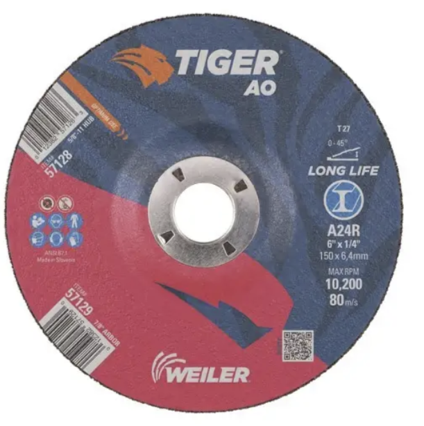 Weiler 57129 6" x 1/4" Tiger AO Type 27 Grinding Wheel, A24R, 7/8" A.H. (10 Pack)