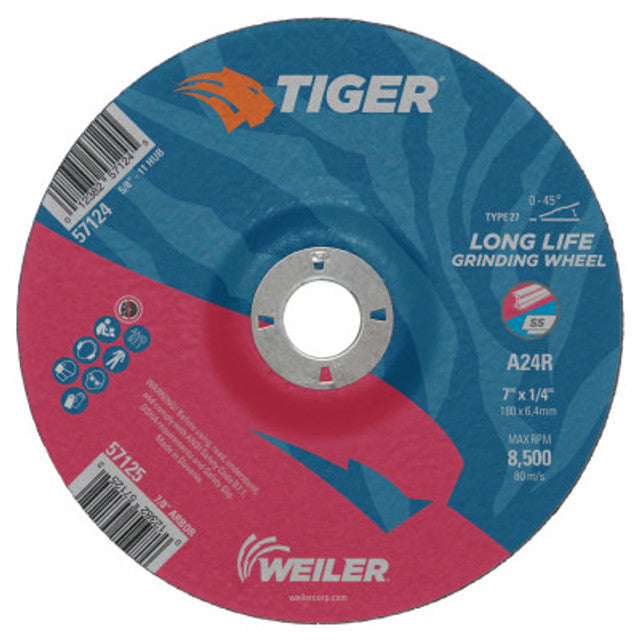 Weiler Tiger Grinding Wheels, 7 in Dia, .045 in Thick, 7/8 in Arbor, 10 EA, #57125