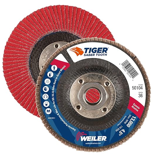 Weiler Tiger Ceramic Flap Disc- 4 1/2" Type 29 w/Hub 36 Grit 50104