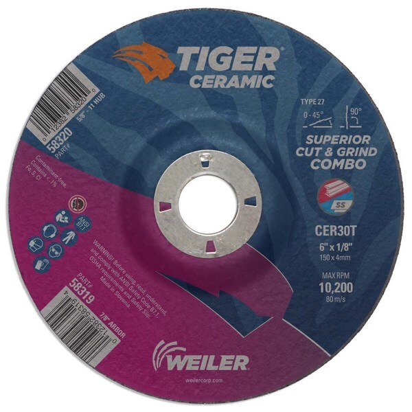 Weiler 58319 6 x 1/8 x 7/8 AH CER30T Tiger® Ceramic Type 27 Max Performance Cut/Grind Combo Wheel