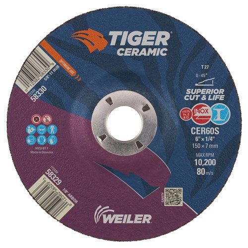 Weiler 58329 6 x 1/4 x 7/8 AH CER24R Tiger® Ceramic Type 27 Max Performance Grinding Wheel