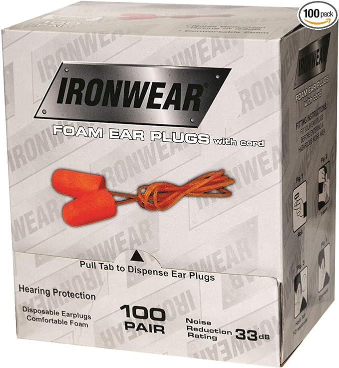 Ironwear 1705 Disposable Moldable 33-Decibel PU Foam Ear Plugs with PE Safety Cord, Orange, Box of 100 Pairs