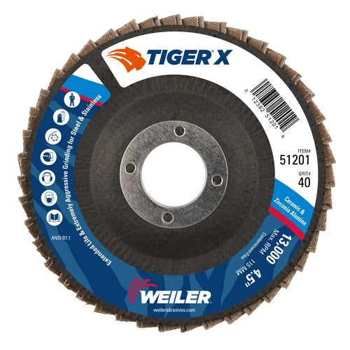 Weiler 50101 4-1/2" Tiger X Flap Disc, Angled (TY29), Phenolic Backing, 40Z, 7/8" Arbor Hole