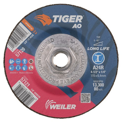 Weiler  57120 4-1/2" x 1/4" Tiger AO Type 27 Grinding Wheel, A24R, 5/8"-11 Nut