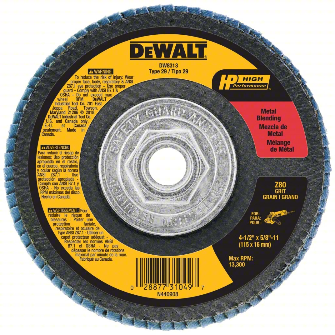 DEWALT Flap Disc: Type 29, 4 1/2 in x 5/8"-11, Zirconia Alumina, 80 Grit, Fiberglass Bk, HP