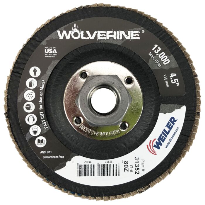 Weiler 31352 4-1/2" Wolverine Abrasive Flap Disc, Conical (TY29), Phenolic Backing, 80Z, 5/8"-11 UNC Nut