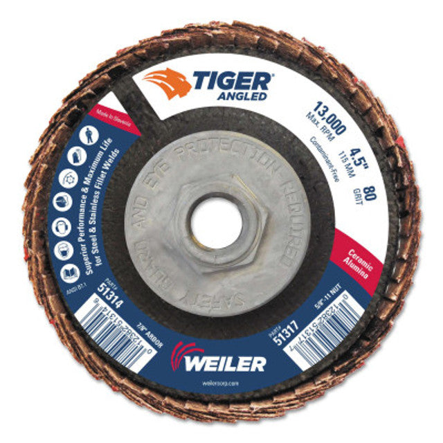 Weiler Tiger Ceramic Angled Flap Discs, 5/8 in - 11, 80 Grit, 10 per Box, 10 BX, #51317