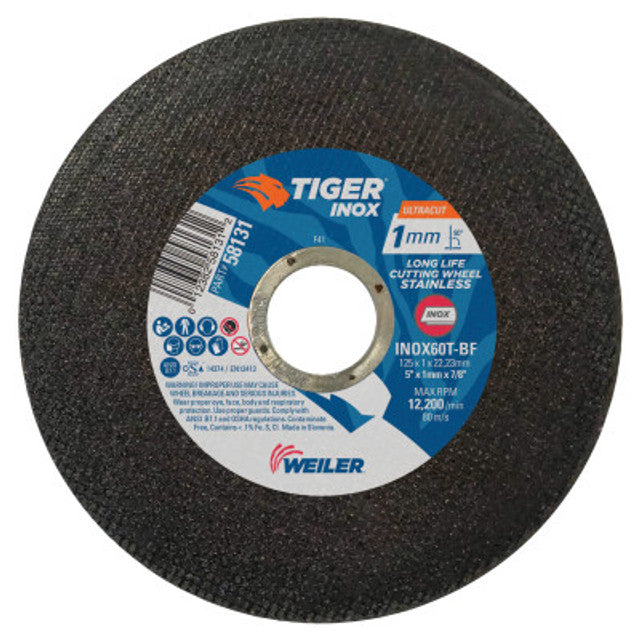 Weiler Tiger INOX Ultracut Thin Cutting Wheel, 5", 7/8" Arbor, 60, 12200 rpm, 50/PK, 50 EA, #58131