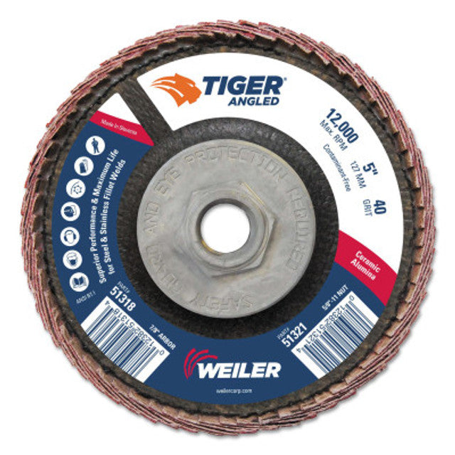 Weiler Tiger Ceramic Angled Flap Discs, 5 in Dia, 40 Grit, 5/8 in-11 Arbor, 12000 rpm, 10 BX, #51321