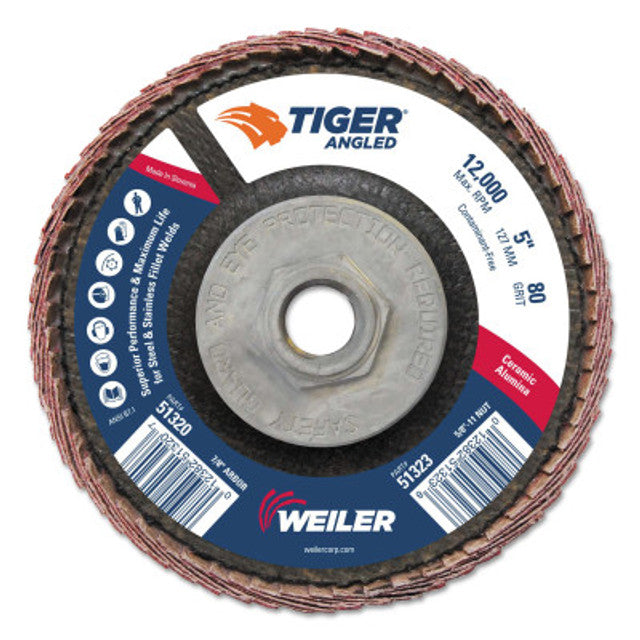 Weiler Tiger Ceramic Angled Flap Discs, 5 in Dia, 80 Grit, 5/8 in-11 Arbor, 12000 rpm, 10 BX, #51323