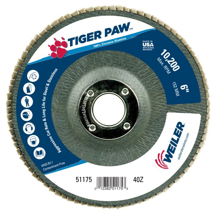 Weiler 51175 6" Tiger Paw Abrasive Flap Disc Angled Type 29 40 Grit Zirconia Alumina 7/8" Arbor Hole