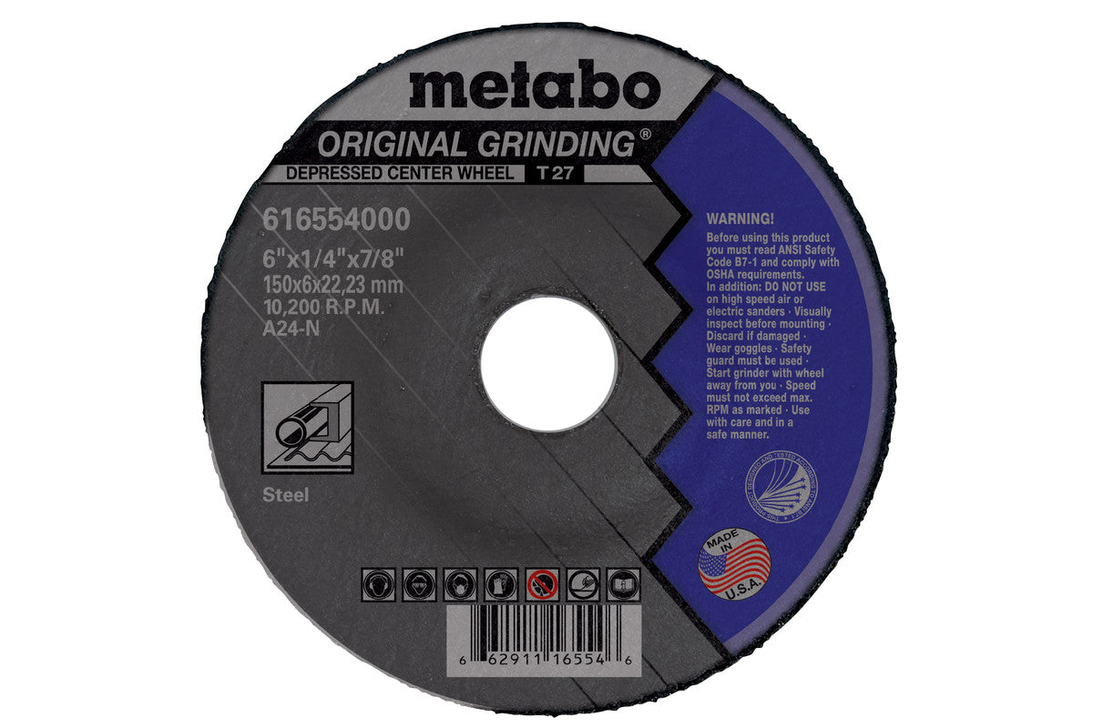 Metabo Original Depressed Center Grinding Wheels 6" X 1/4" X 5/8"-11, Type 27, A24N (655554000)