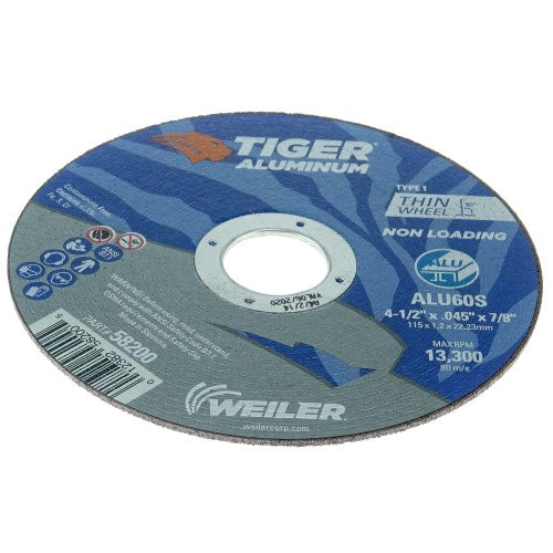 Weiler 58200 4-1/2" X .045" Tiger Aluminum Type 1 Cut-Off Wheel ALU60S 7/8 A.H.