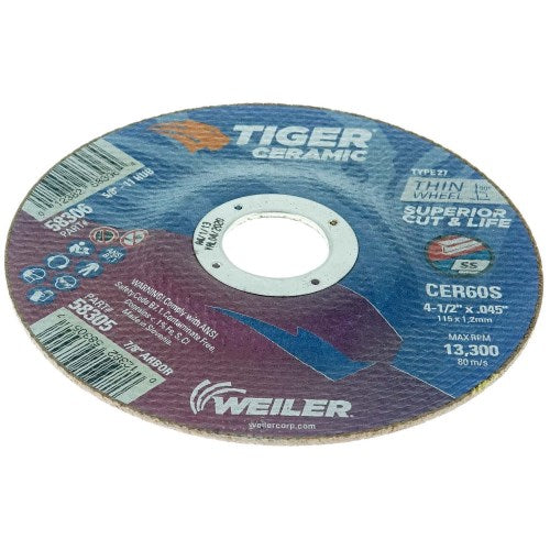 Weiler 58305 4-1/2" X .045" Tiger Ceramic Type 27 Cutting Wheel L CER60S 7/8 A.H.