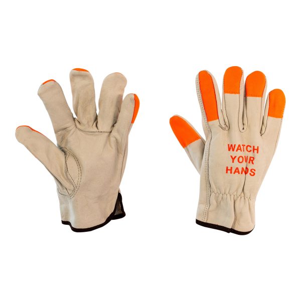 Palmer Safety Leather driver glove w/orange tip - "Watch Your Hands" - Large (G8823HVWH)