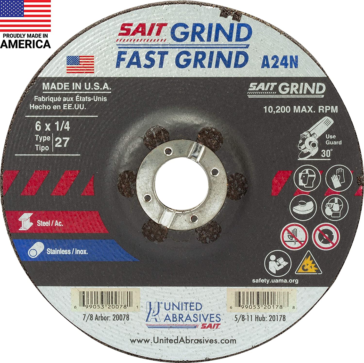 United Abrasives 20078 6" x 1/4" x 7/8" A24N - Fast Grinding Depressed Center Grinding Wheels, Type 27, 10,200 Max RPM