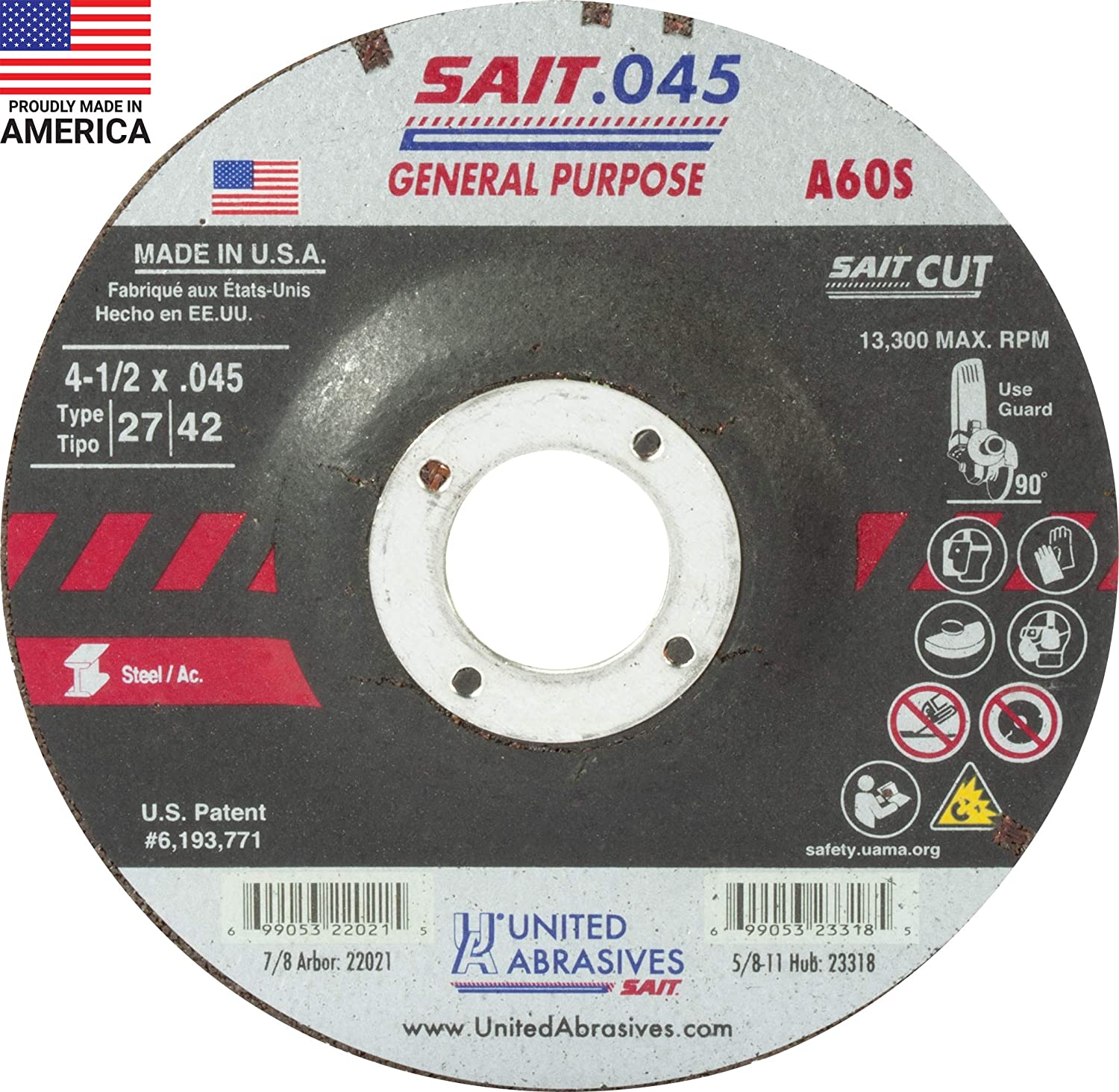 United Abrasives-SAIT 22021 A60S General Purpose Cut-Off Wheels (Type 27/Type 42 Depressed Center) 4 1/2" x .045" x 7/8"