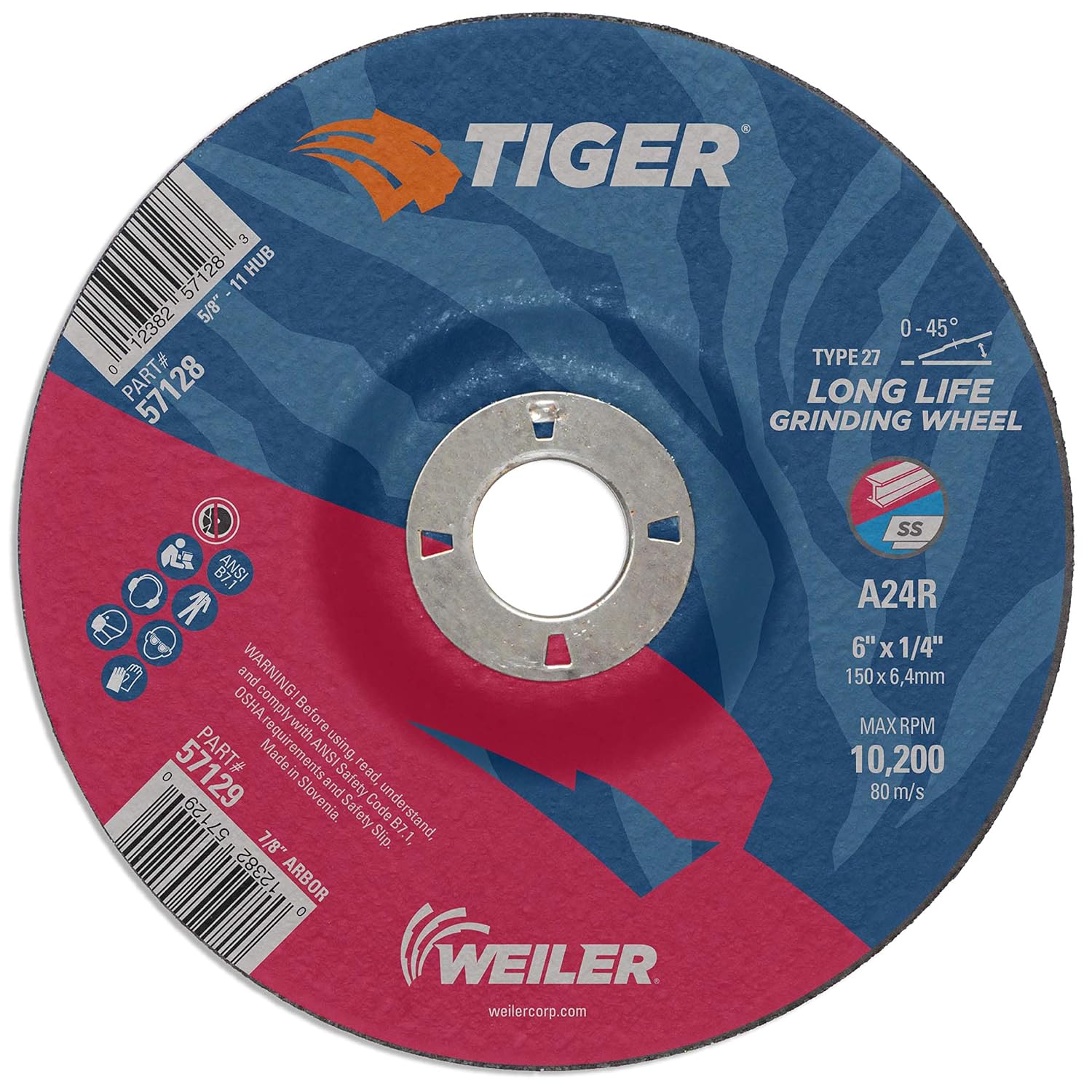 Weiler 57129 6" x 1/4" Tiger AO Type 27 Grinding Wheel, A24R, 7/8" A.H. (10 Pack)