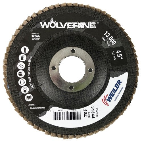 Weiler 4-1/2" Wolverine Abrasive Flap Disc, Conical (TY29), Phenolic Backing, 40Z, 7/8" Arbor Hole 31344