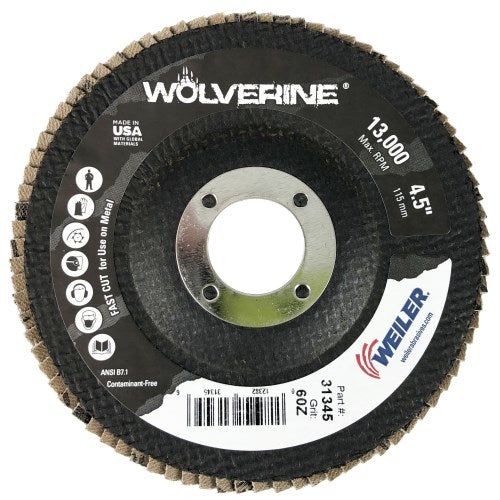 Weiler 31345 4-1/2" Wolverine Abrasive Flap Disc, Conical (TY29), Phenolic Backing, 60Z, 7/8" Arbor Hole