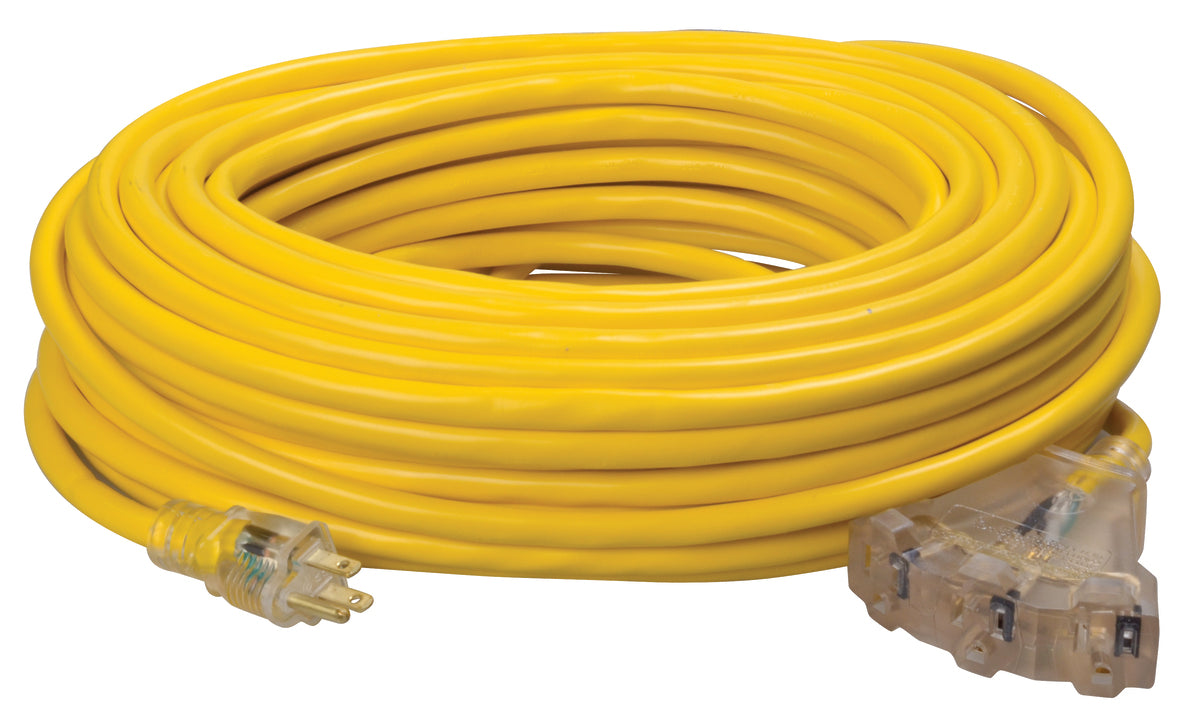 Southwire - 12/3 Heavy-Duty, 15-Amp, SJTW General Purpose 3-Outlet Extension Cord with Lighted End, 100', Yellow