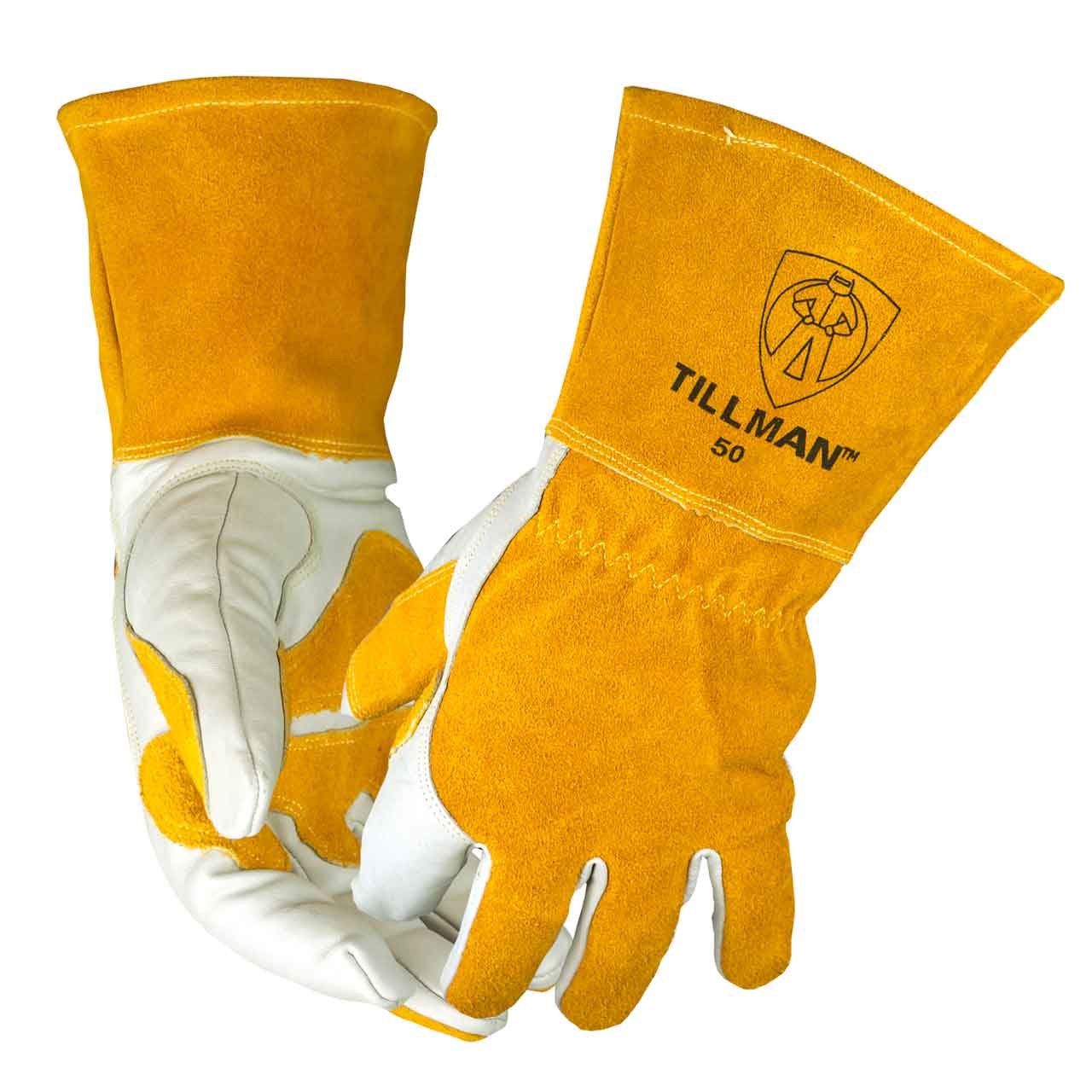 Tillman MIG Welders Glove X-Large 14" Pearl Top Grain Side Split Cowhide Fleece Lined Premium Grade With Gauntlet Cuff, Seamless Index Finger And Elastic Back