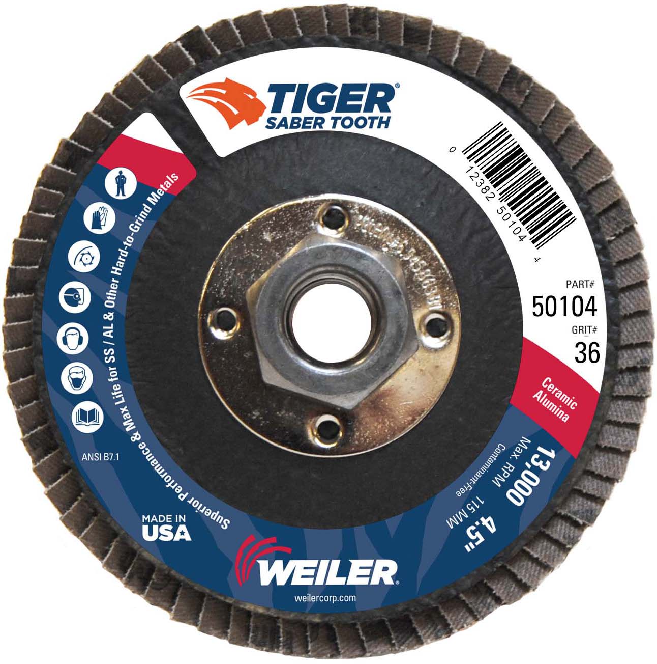 Weiler 50124 Tiger Paw™ HD 4 1/2" X 5/8" - 11 40 Grit Type 27 Flap Disc