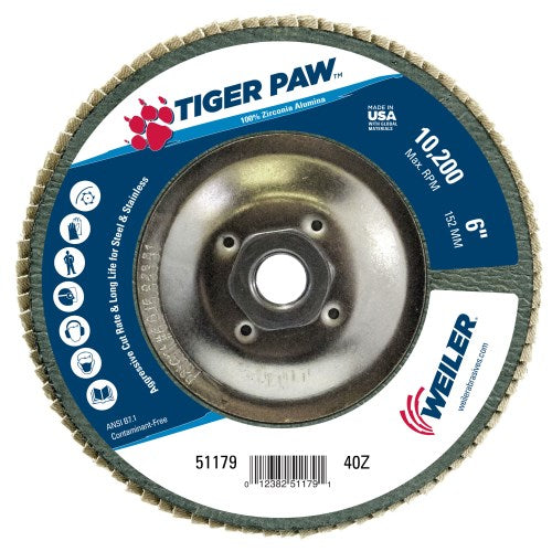 6" Tiger Paw Abrasive Flap Disc, Angled (TY29), Phenolic Backing, 40Z, 5/8"-11 UNC NUT