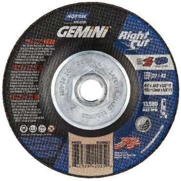 Norton 66252842025 Gemini Right Angle Cut-Off Wheel 4-1/2" x .045" x 5/8 - 11" 24 Grit Alum. Ox. T27