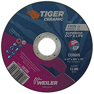 Weiler 58306 4-1/2 x .045 Tiger Ceramic Type 27 Cut Off Wheel CER60S 5/8-11 UNC Nut, Coating Cut Cutting Angle Flute