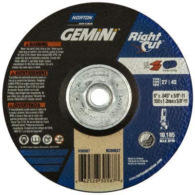 Norton 66252830587 Gemini Right Angle Cut-Off Wheel 6" x .045" x 5/8-11" 24 Grit Alum. Oxide T27